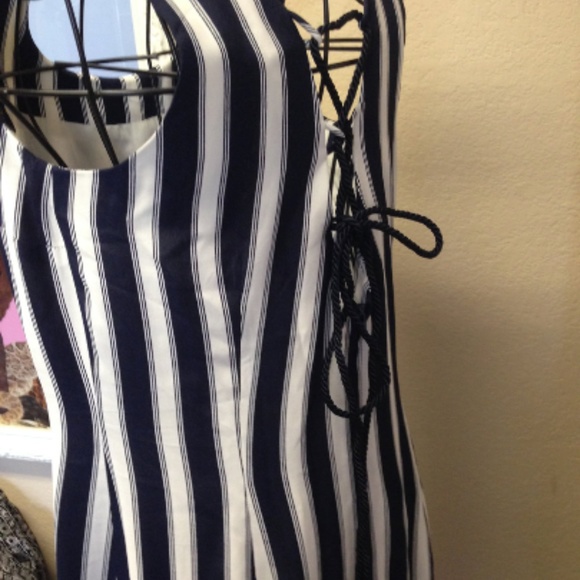 Nautical Bold Stripe Lace Back Midi Dress Size 8 - Picture 1 of 5